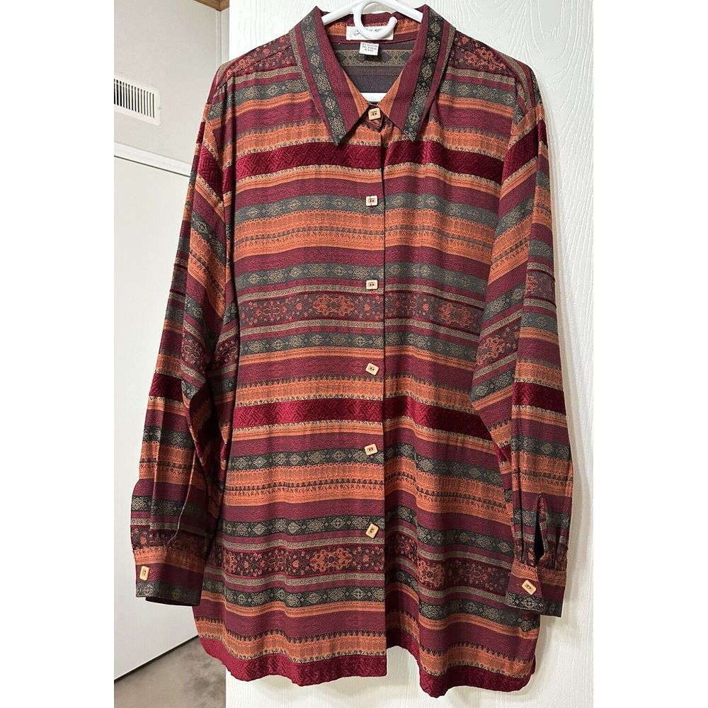 Judith Hart Vintage Southwestern Button Up Shirt Red Orange Striped Tapestry 22W